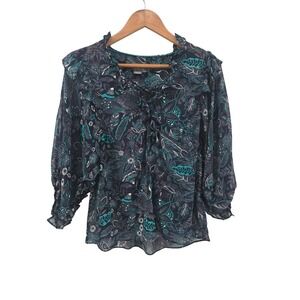 Anthropologie Bohemian Floral Print Blouse Size XS Blue Ruffle Lace Up Top Boho